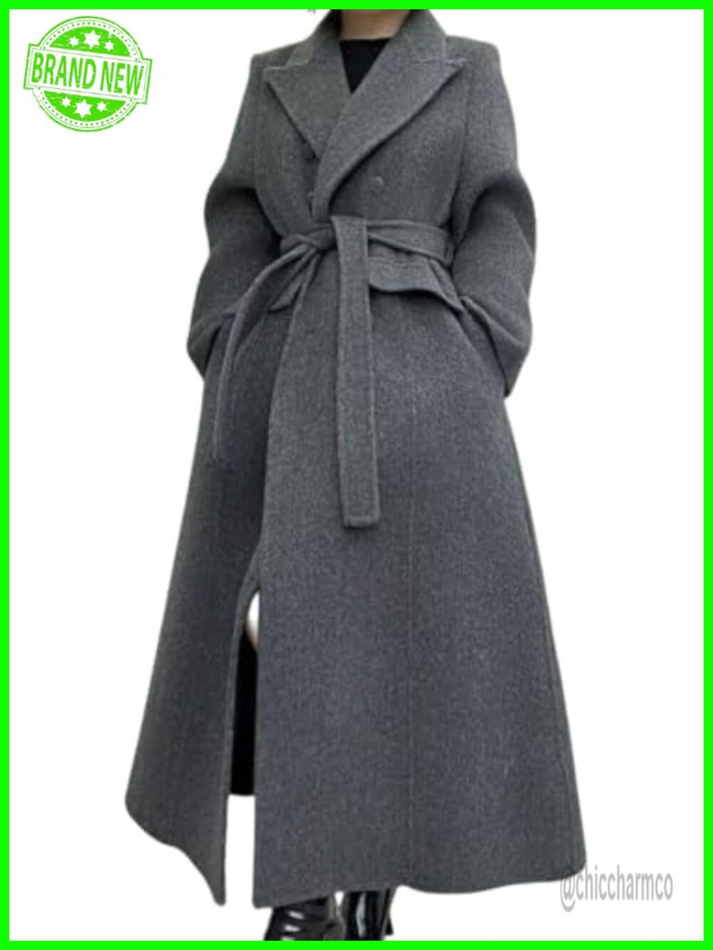 CHARTOU Women Wool Blend Pea Coat Long Double Breasted Trench Belted